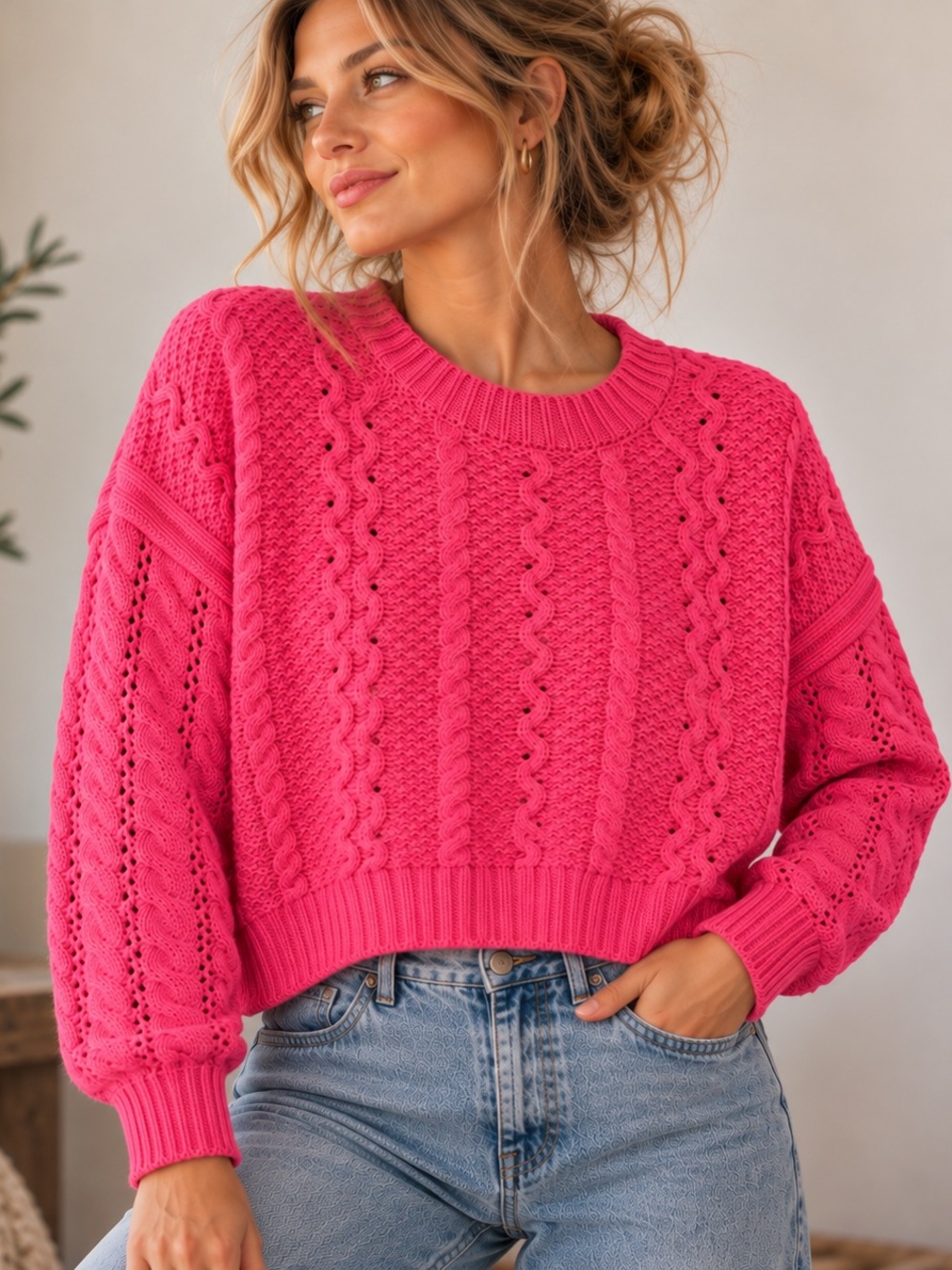 Hot Pink Cotton Cable Knit Cropped Sweater